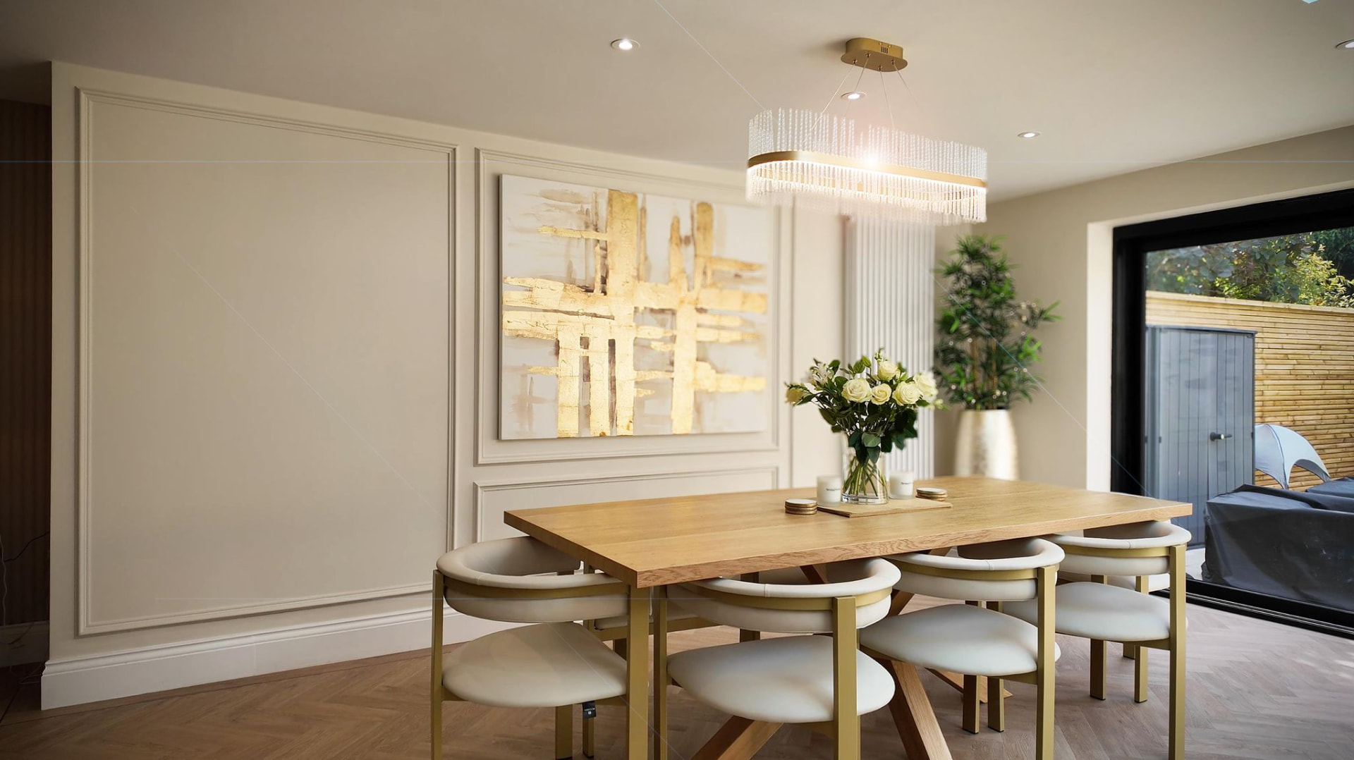 Renovated dining room with panelled walls and pendant light